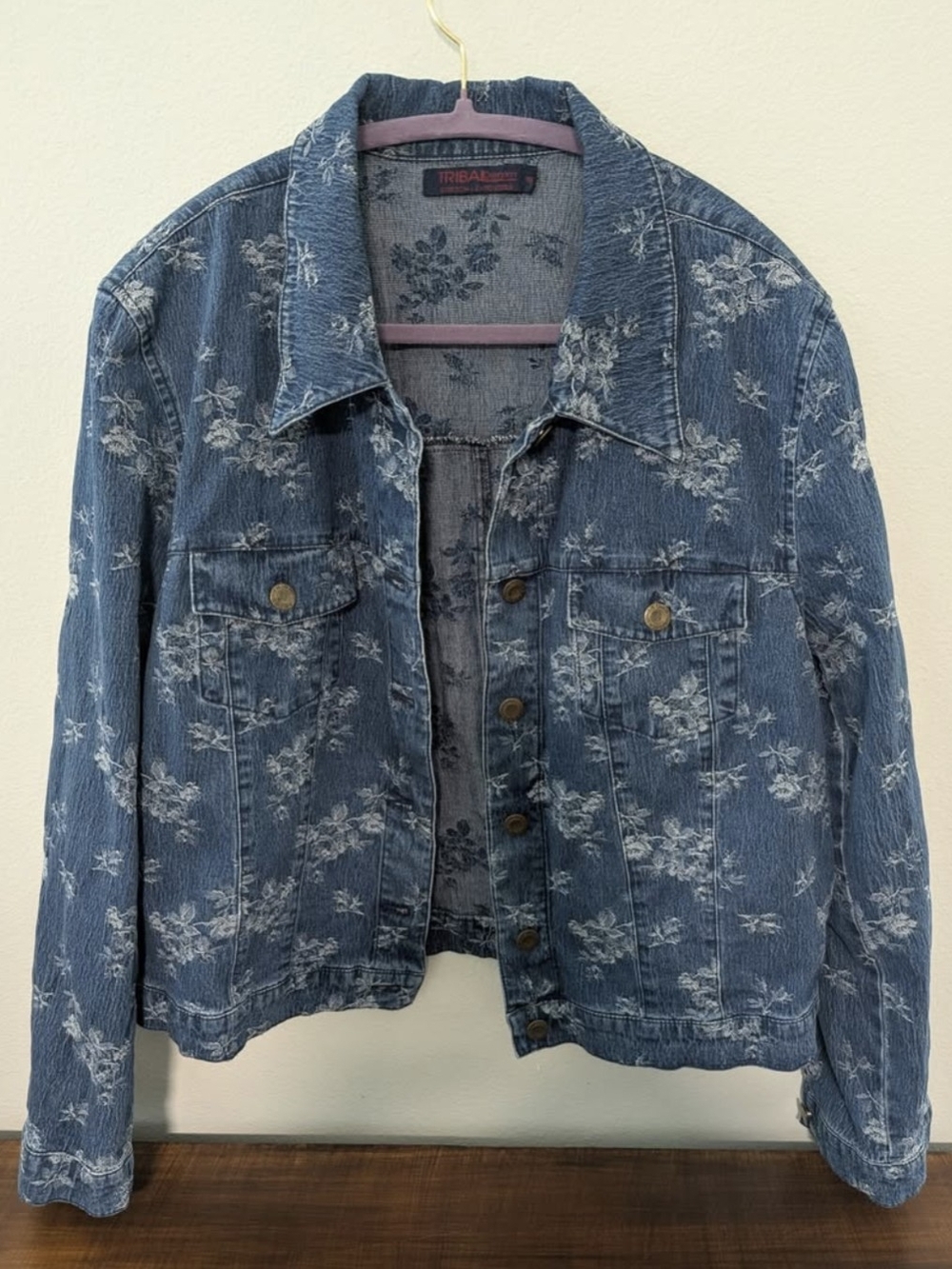 Tribal Denim Floral Embroidered Denim Jacket - Blue